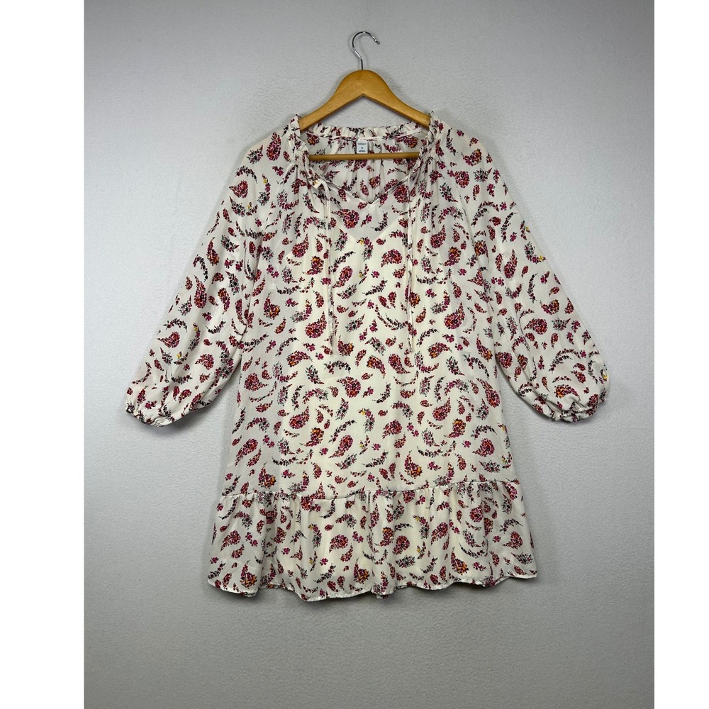 Boho Cottagecore‎ Old Navy Womens XS Cream Floral Paisley Ruffle Tie Mini Dress